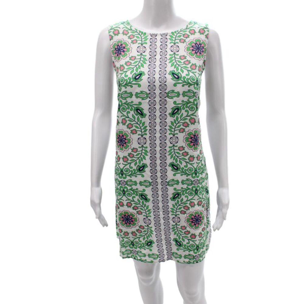 Tory Burch Womens Shift Dress Green Floral Linen Sleeveless Roundneck Zip Size L